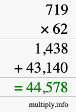 How to calculate 719 times 62 using long multiplication