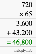 How to calculate 720 times 65 using long multiplication