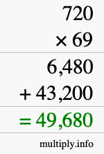 How to calculate 720 times 69 using long multiplication