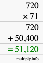 How to calculate 720 times 71 using long multiplication