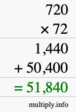How to calculate 720 times 72 using long multiplication