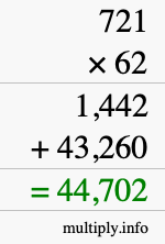 How to calculate 721 times 62 using long multiplication