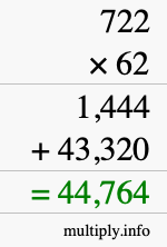 How to calculate 722 times 62 using long multiplication