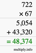 How to calculate 722 times 67 using long multiplication