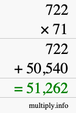 How to calculate 722 times 71 using long multiplication