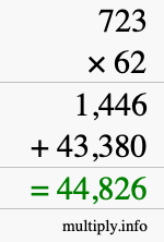 How to calculate 723 times 62 using long multiplication