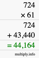 How to calculate 724 times 61 using long multiplication