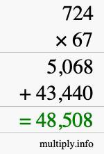 How to calculate 724 times 67 using long multiplication