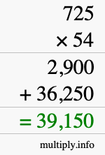 How to calculate 725 times 54 using long multiplication