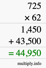 How to calculate 725 times 62 using long multiplication