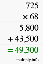 How to calculate 725 times 68 using long multiplication