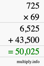 How to calculate 725 times 69 using long multiplication