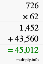 How to calculate 726 times 62 using long multiplication