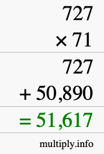 How to calculate 727 times 71 using long multiplication