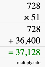 How to calculate 728 times 51 using long multiplication