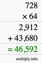 How to calculate 728 times 64 using long multiplication