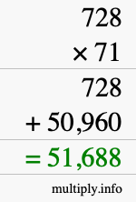 How to calculate 728 times 71 using long multiplication