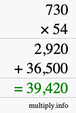How to calculate 730 times 54 using long multiplication