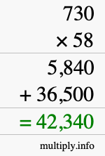 How to calculate 730 times 58 using long multiplication