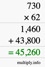 How to calculate 730 times 62 using long multiplication
