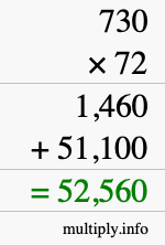 How to calculate 730 times 72 using long multiplication