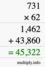 How to calculate 731 times 62 using long multiplication