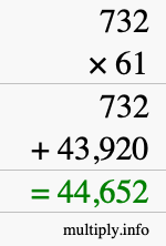 How to calculate 732 times 61 using long multiplication