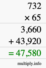 How to calculate 732 times 65 using long multiplication