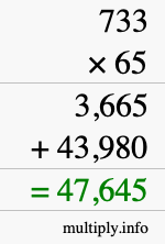How to calculate 733 times 65 using long multiplication