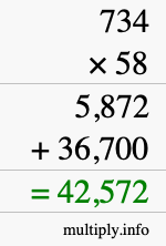 How to calculate 734 times 58 using long multiplication