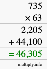 How to calculate 735 times 63 using long multiplication