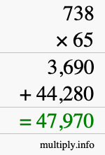 How to calculate 738 times 65 using long multiplication
