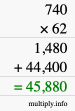 How to calculate 740 times 62 using long multiplication