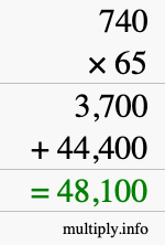 How to calculate 740 times 65 using long multiplication