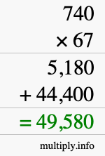 How to calculate 740 times 67 using long multiplication
