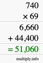 How to calculate 740 times 69 using long multiplication