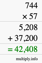How to calculate 744 times 57 using long multiplication