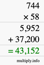 How to calculate 744 times 58 using long multiplication