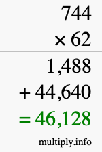 How to calculate 744 times 62 using long multiplication
