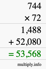How to calculate 744 times 72 using long multiplication