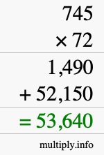 How to calculate 745 times 72 using long multiplication