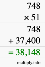 How to calculate 748 times 51 using long multiplication