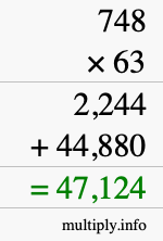 How to calculate 748 times 63 using long multiplication