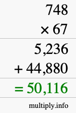 How to calculate 748 times 67 using long multiplication