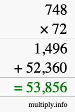 How to calculate 748 times 72 using long multiplication