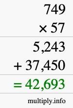 How to calculate 749 times 57 using long multiplication