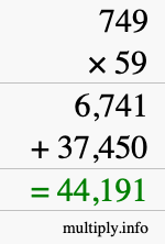 How to calculate 749 times 59 using long multiplication