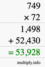 How to calculate 749 times 72 using long multiplication