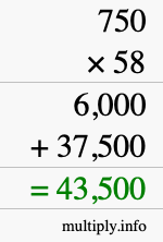 How to calculate 750 times 58 using long multiplication