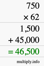 How to calculate 750 times 62 using long multiplication